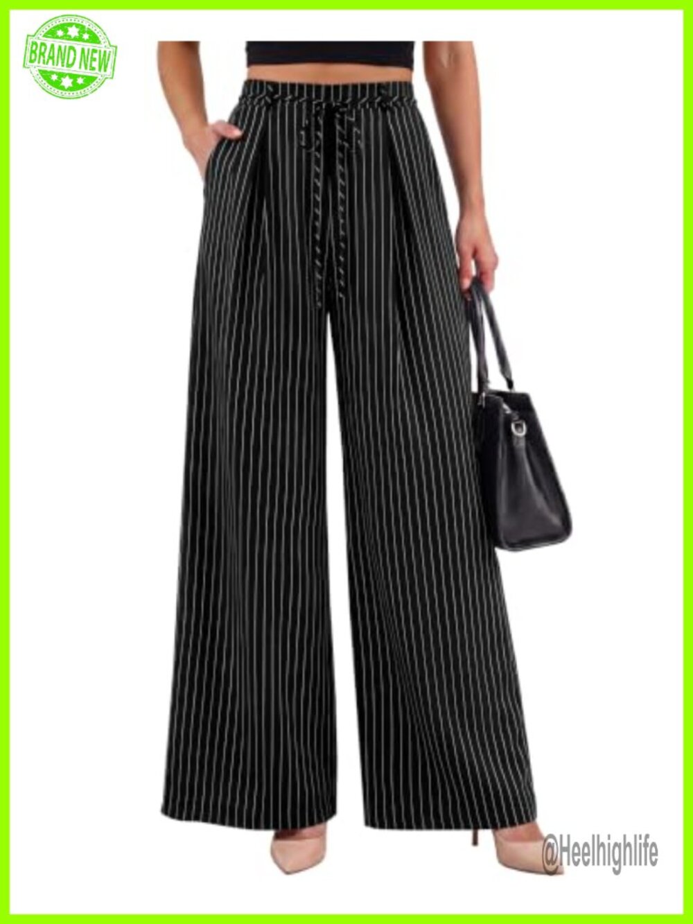 Wide Leg Striped Drawstring High Waist Pull On Trousers with Pockets